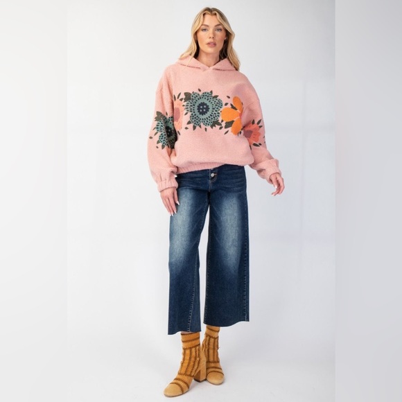 349. 🛑AT COST EASEL LAST 2! Pink Pullover Hoodie Printed Flower Fleece Sherpa - Picture 5 of 5